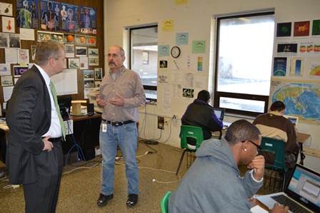 Talking to a teacher at the Kelley Center, Mr Swift. He uses interesting subjects like bugs and snakes to draw students out.