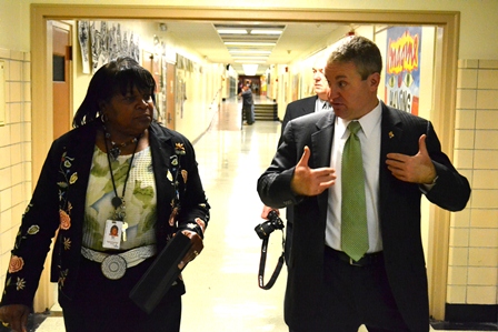 That's the (real) Principal of HPHS, Dr. Beryl New talking with Principal/Secretary Siedlecki as he started the day.